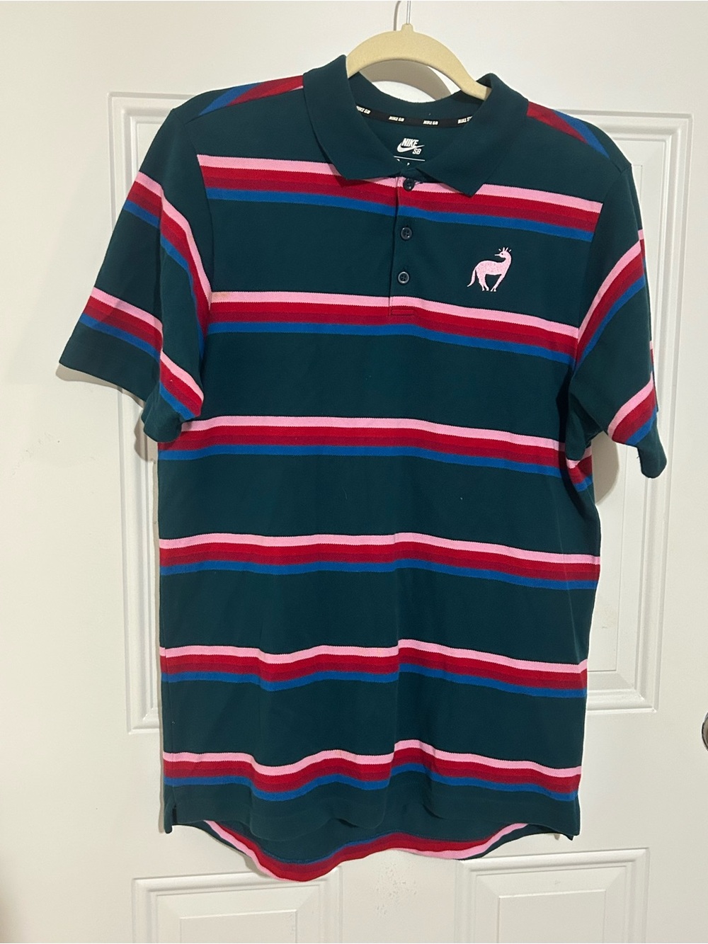 Nike Dark Green Polo with Pink and Red Stripes